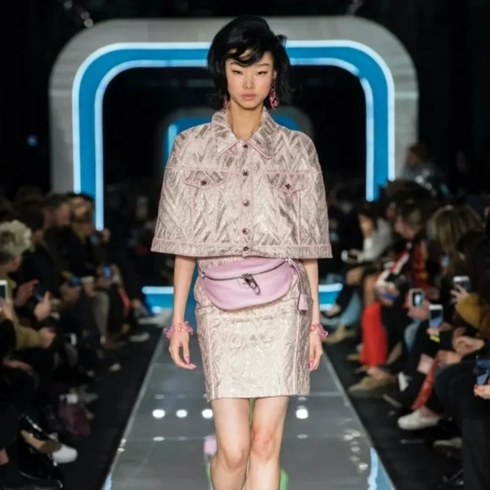 Moschino Couture Runway Brocade Pink Silver Cape Dress Jacket NWT Sz 4 - Picture 1 of 4